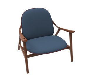 Retro 1960s-style dining chair in wood with grey cushion. 