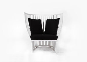 High Back White Outdoor Dining Chair. Black Cushion. Synthetic rattan PE, aluminum inner frame