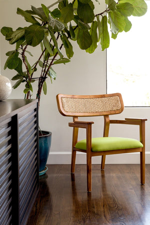Mid-Century Modern Dining Chair Made from Solid Teak and Woven Rattan. Lime Green-Colored Seat. 