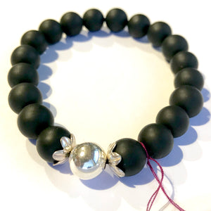 Unisex Matte Agate and Silver Bead and Cap Bracelet